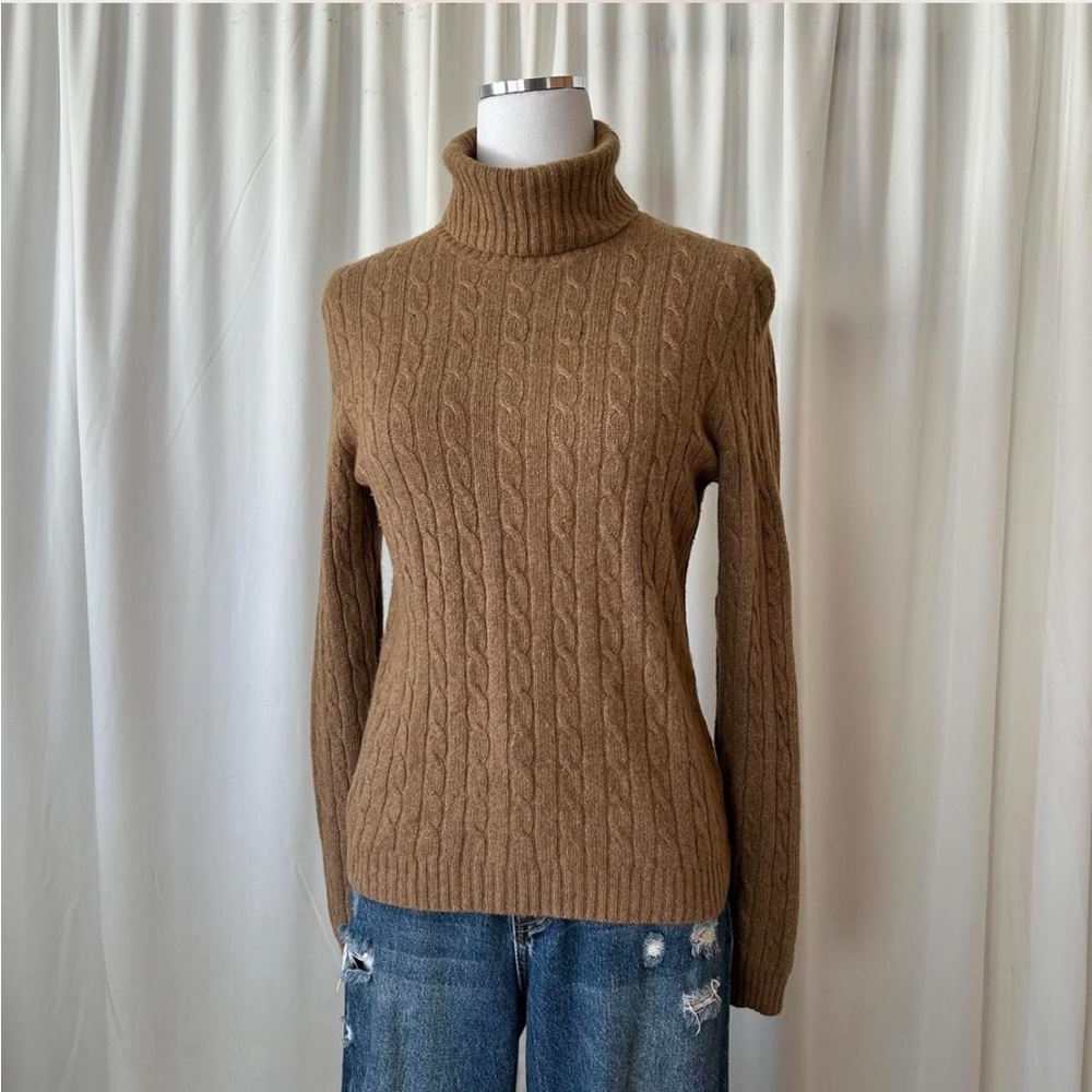 J.Crew tan cable knit turtleneck sweater wool cashmere blend size Large. - Picture 3 of 8